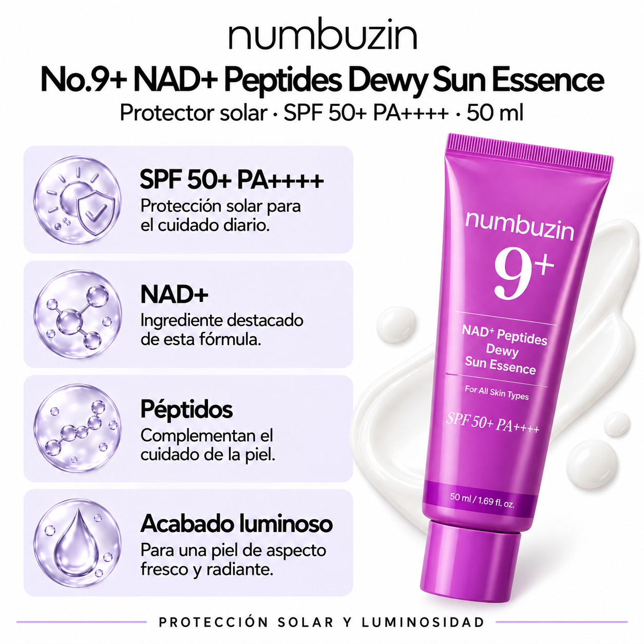 NUMBUZIN PROTECTOR SOLAR FACIAL No 9 NAD PEPTIDES DEWY SUN ESSENCE 50ML
