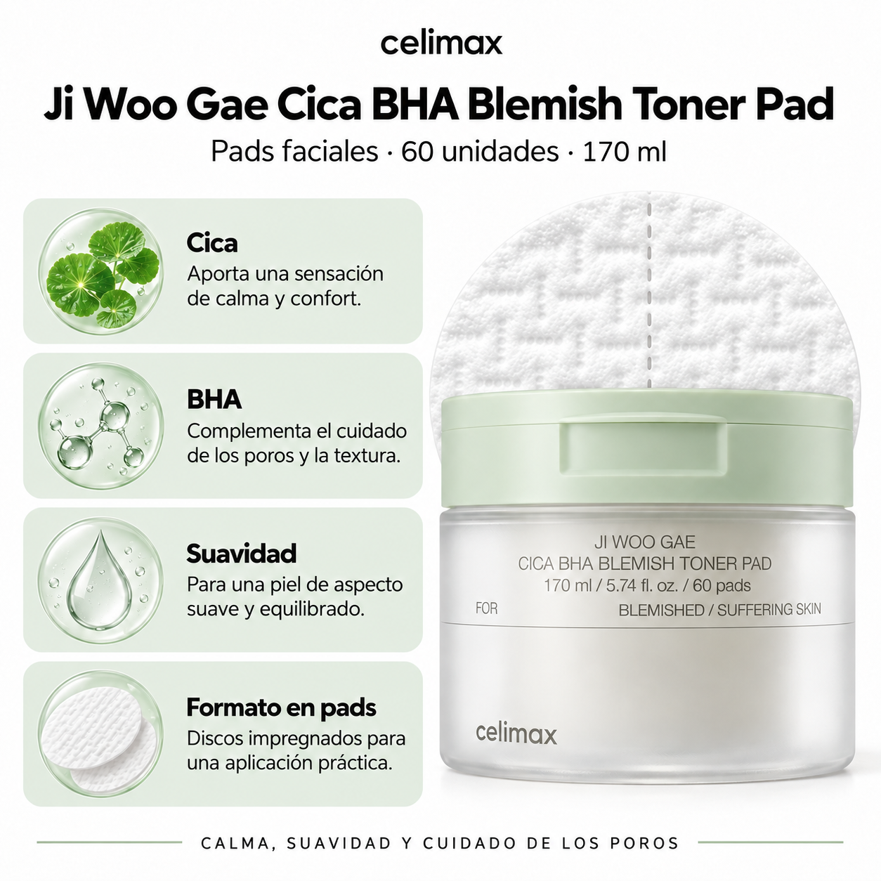 CELIMAX PADS FACIAL JI WOO GAE CICA BHA BLEMISH PAD 60PCS 170ML