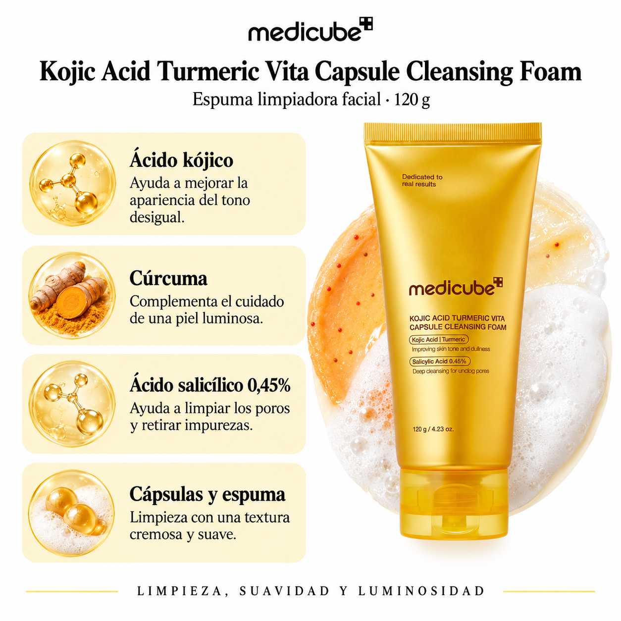 MEDICUBE LIMPIADOR FACIAL KOJIC ACID TURMERIC CAPSULE CLEANSING FOAM 120G