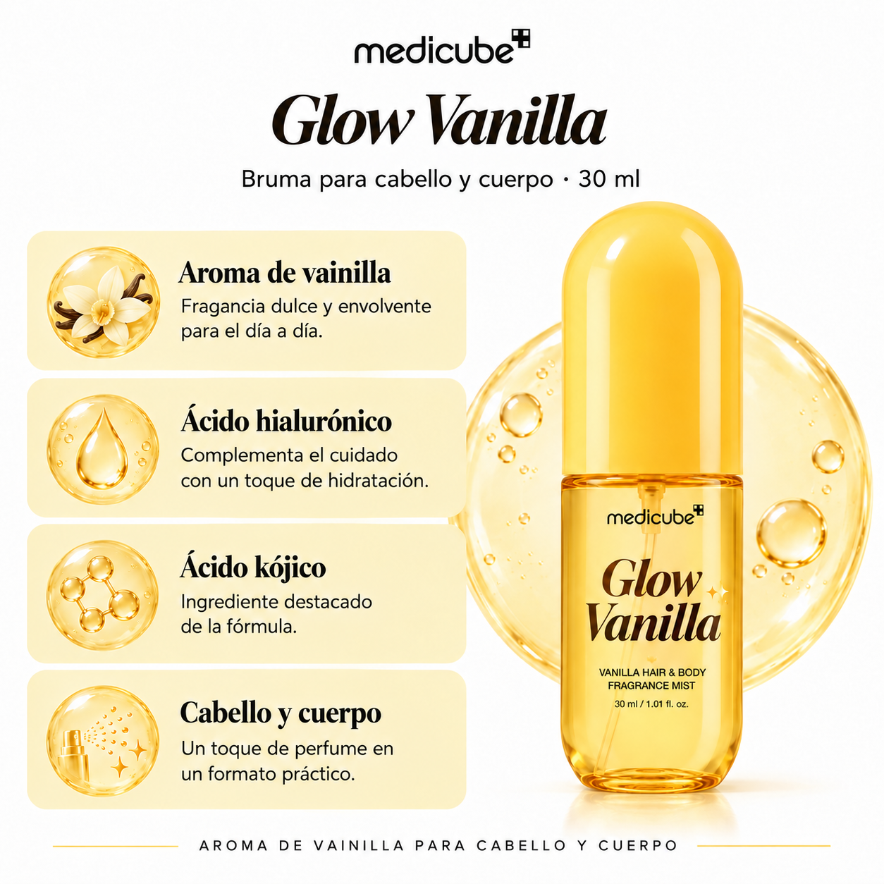 MEDICUBE MIST CORPORAL GLOW VANILLA WITH KOJIC ACID AND HYALURONIC ACID 30ML
